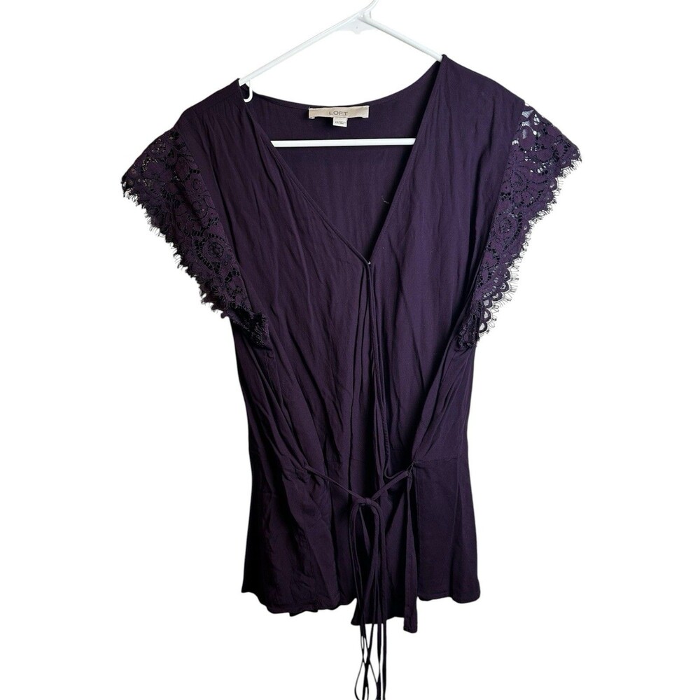 Loft Lace Trim Flutter Sleeve Purple Wrap Blouse Size XXL